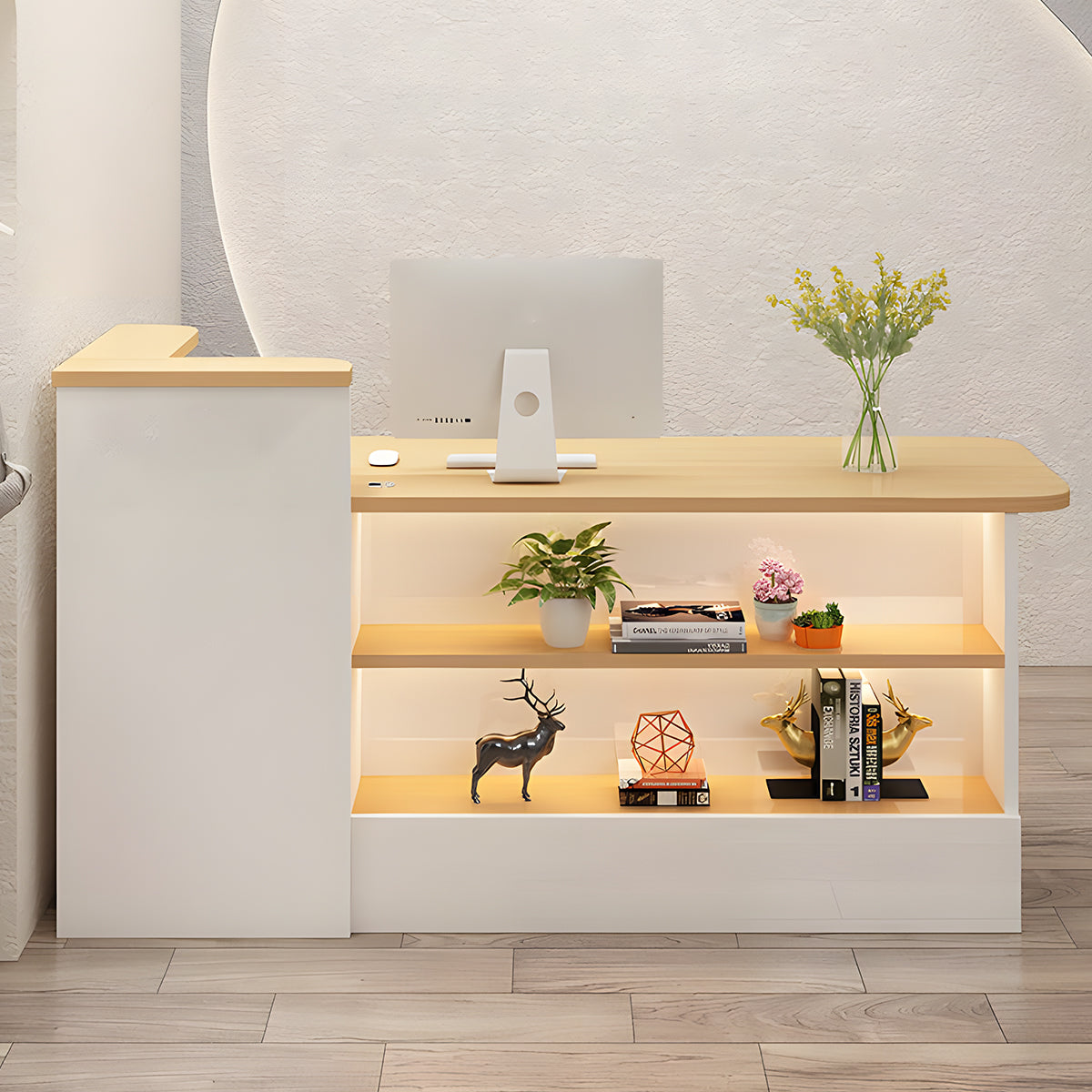 受付カウンター レジカウンター カウンター 受付台 高級感 ロック付き ストリップライト  木目調  KAGUSHOP