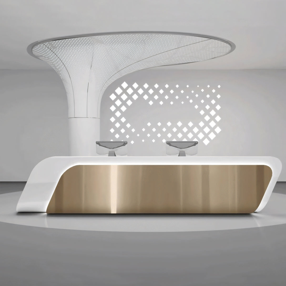 スタイリッシュ シンプル シック 光沢感 LEDライト 受付カウンター レジカウンター フロント メラミン化粧板 ステンレス鋼 カスタマイズ可能 JDT-T046