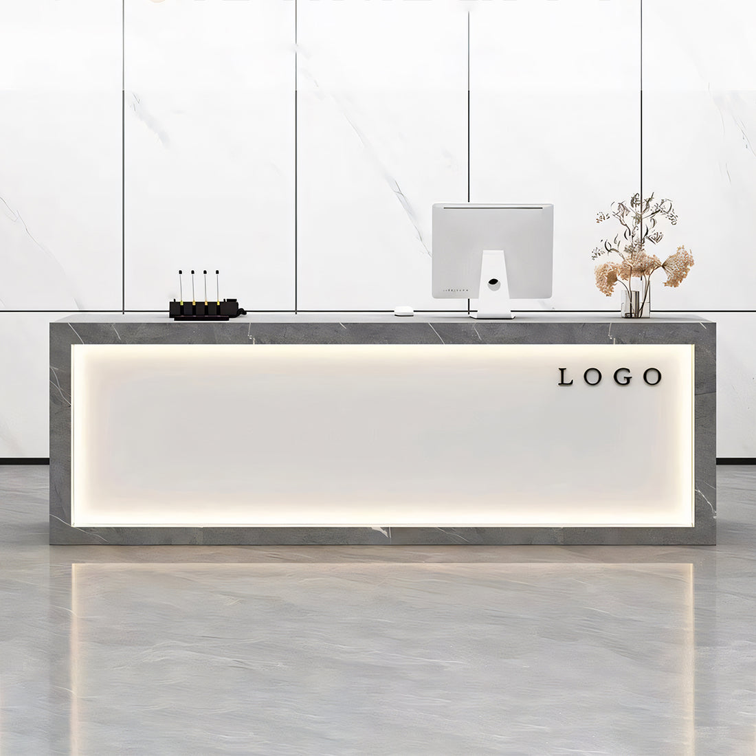 LEDライト付き エコ板材 大理石調 オフィス受付 受付カウンター オシャレ レセプションデスク レジカウンター カスタマイズ可能 JDT-T069