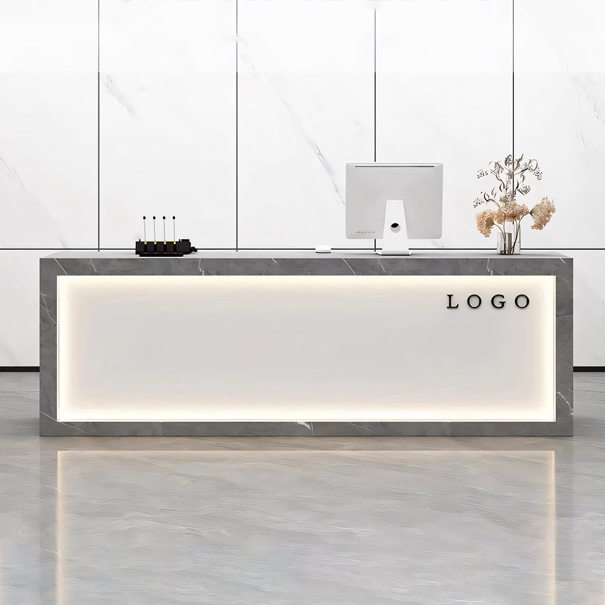 LEDライト付き エコ板材 大理石調 オフィス受付 受付カウンター オシャレ レセプションデスク レジカウンター カスタマイズ可能 JDT-T069