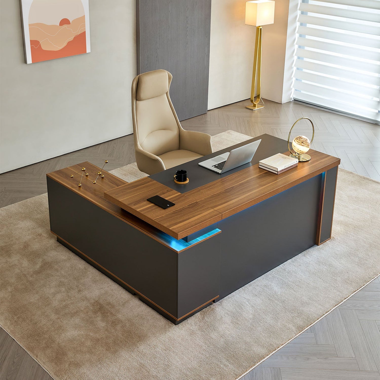 社長机 エグゼクティブデスク 事務机 引き出し付き サイドキャビネット 広い天板 コンセントボックス おしゃれ 木目調 LBZ-2143