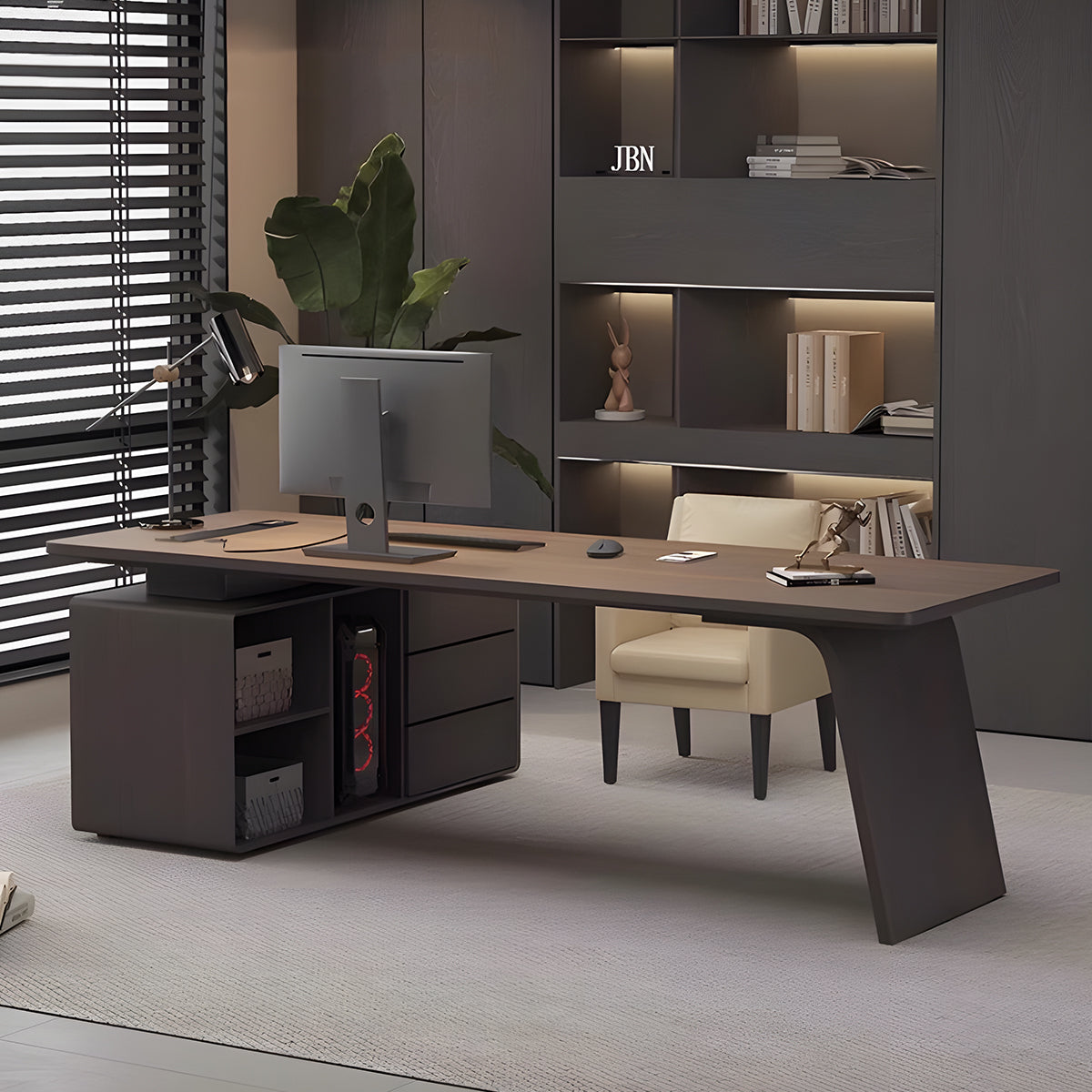 役員用デスク ビジネスオーナーデスク ハイクラスデスク エグゼクティブデスク 木目調 サイドキャビネット 分類収納 R加工 シンプル 機能性 カスタマイズ可能 LBZ-S075