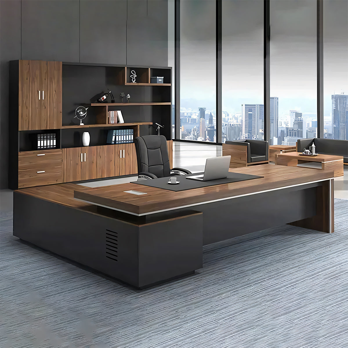 重厚感あり PC収納 サイドキャビネット エグゼクティブデスク 社長机 オフィスデスク つくえ ウォールナット カスタマイズ可能 LBZ-T001
