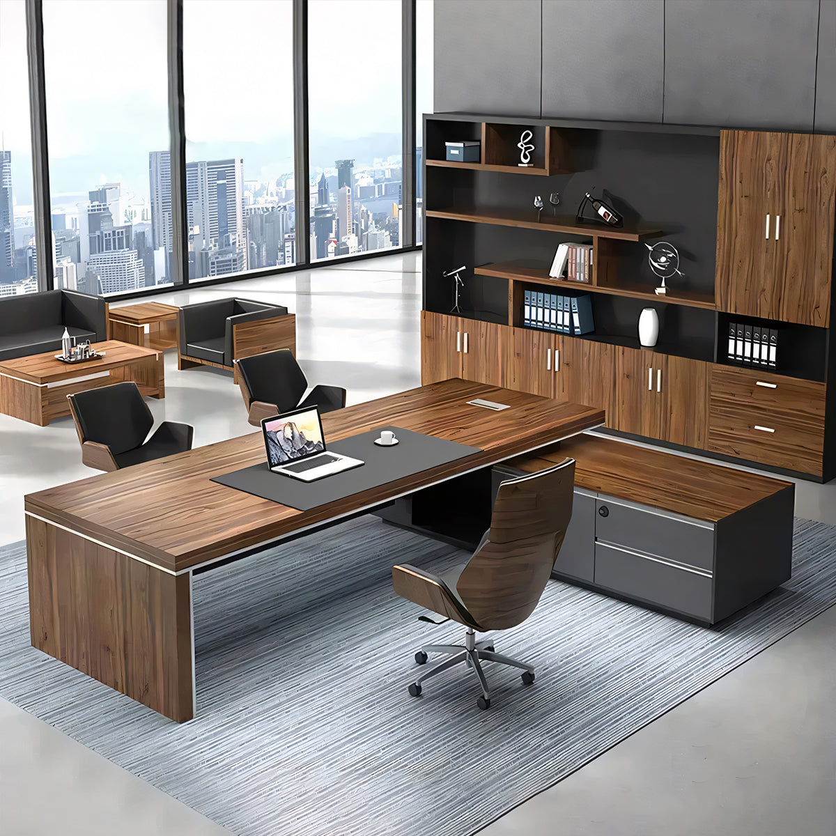 重厚感あり PC収納 サイドキャビネット エグゼクティブデスク 社長机 オフィスデスク つくえ ウォールナット カスタマイズ可能 LBZ-T001