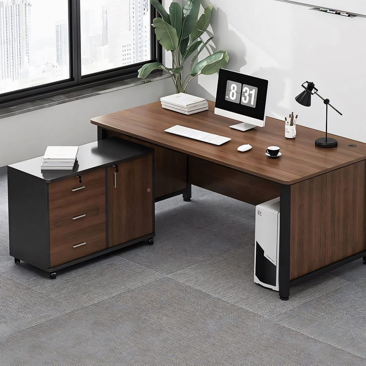 サイドキャビネット ロック付き アジャスター付き エグゼクティブデスク 社長机 オフィスデスク 作業台 事務机 PCデスク ホワイト シンプル LBZ-T010