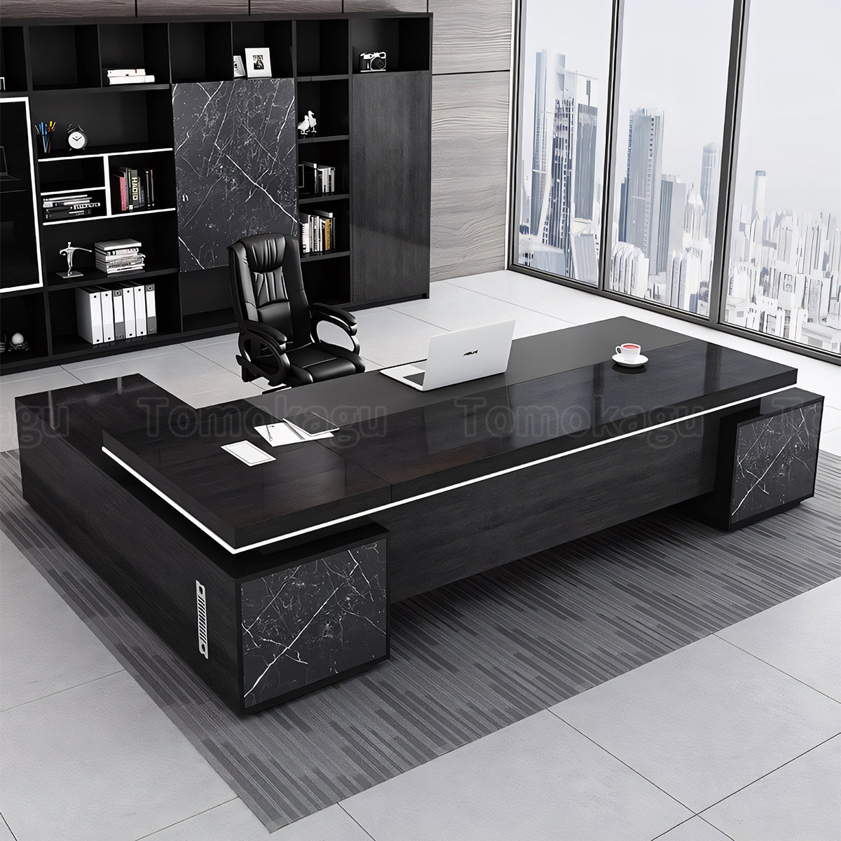 オープン収納 PC収納 大理石調 極厚 オフィスデスク エグゼクティブデスク 役員デスク 社長室 社長机 デスク カスタマイズ可能 LBZ-T011