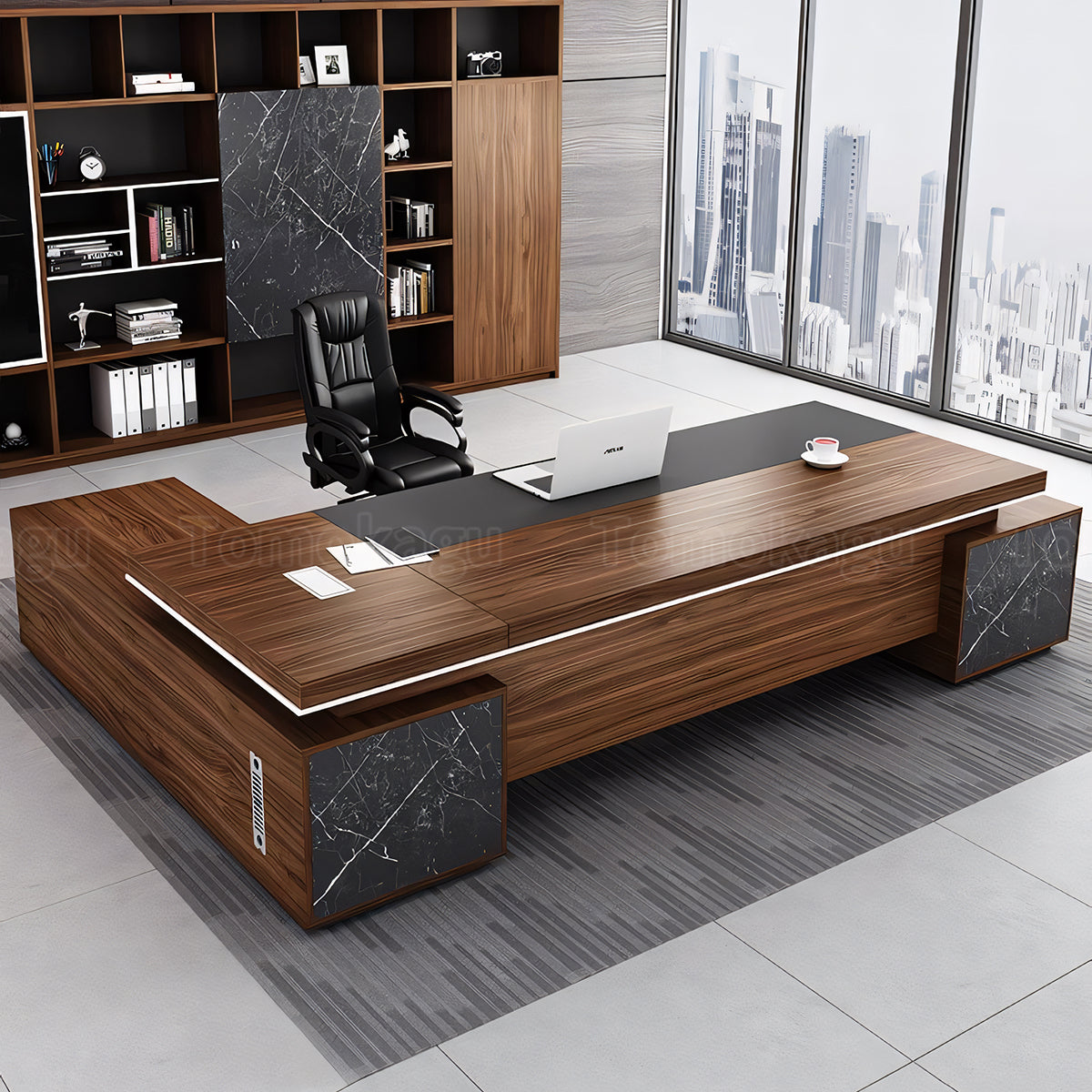 オープン収納 PC収納 大理石調 極厚 オフィスデスク エグゼクティブデスク 役員デスク 社長室 社長机 デスク カスタマイズ可能 LBZ-T011