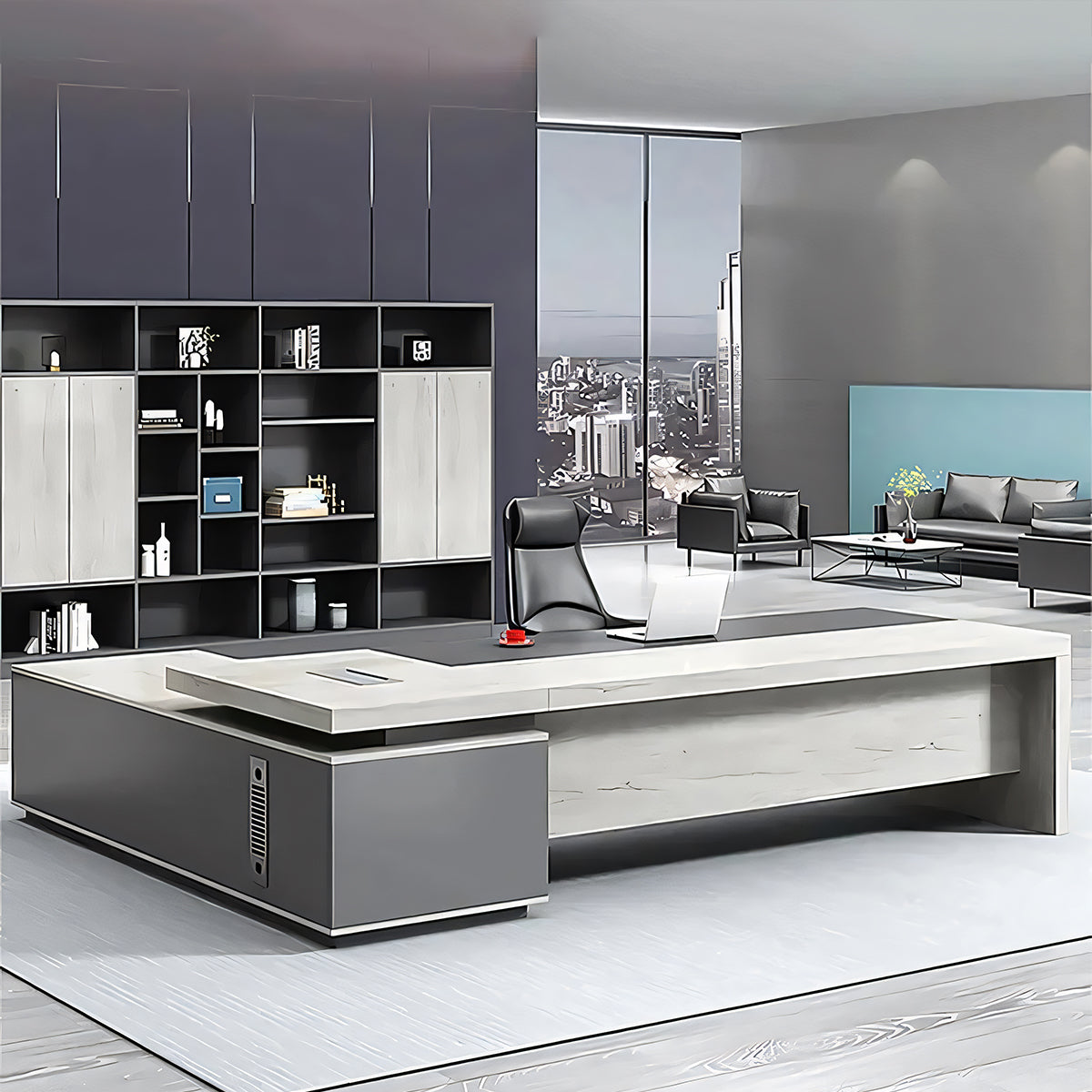 エグゼクティブデスク 社長机 オフィスデスク プレジデントデスク サイドキャビネット 分類収納 高耐荷重 グレー カスタマイズ可能 LBZ-T024