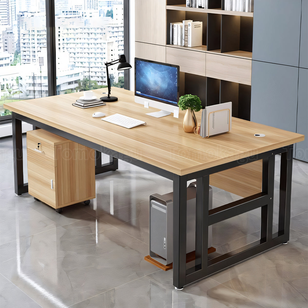 サイドキャビネット付き ロック付き アルミ合金 パソコン収納 エグゼクティブデスク ワークデスク オフィスデスク ウォールナット カスタマイズ可能 LBZ-T044