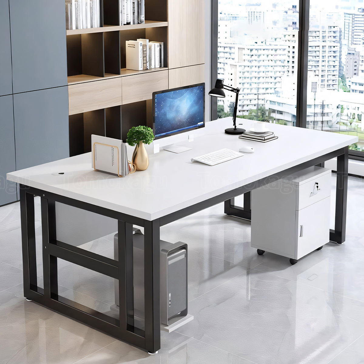 サイドキャビネット付き ロック付き アルミ合金 パソコン収納 エグゼクティブデスク ワークデスク オフィスデスク ウォールナット カスタマイズ可能 LBZ-T044