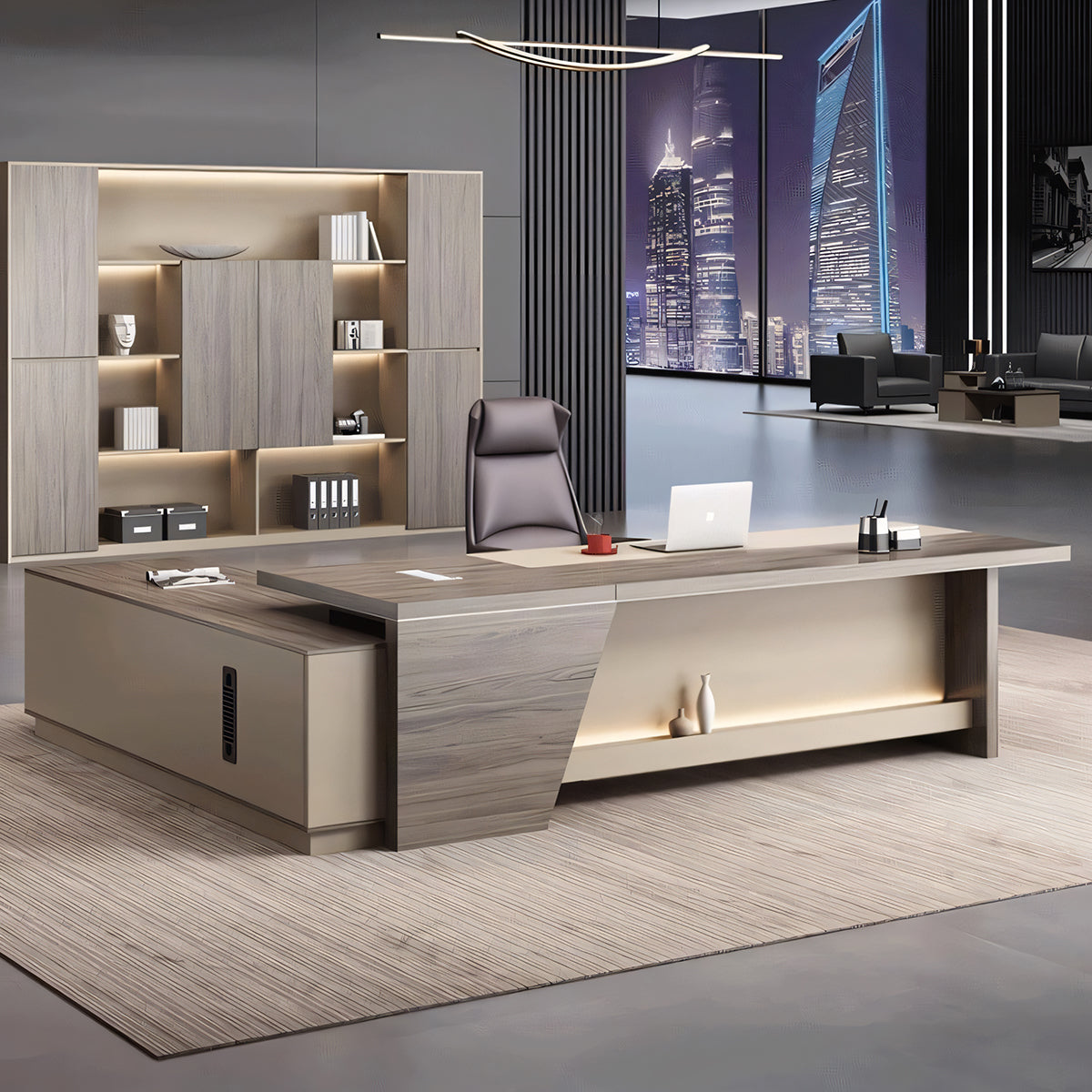 エグゼクティブデスク 役員デスク ダイヤル錠 LEDライト 引き出し L字デザイン 厚みのある天板 カスタマイズ可能 LBZ-T101