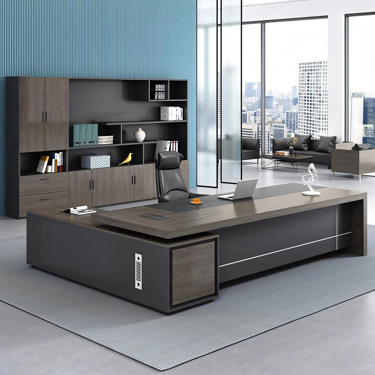 エグゼクティブデスク メラミン化粧板 エコ素材 幕板付き 配線孔付き 通気孔付き 収納力抜群 引き出し 扉付き収納 PC収納 カスタマイズ可能 LBZ-T112