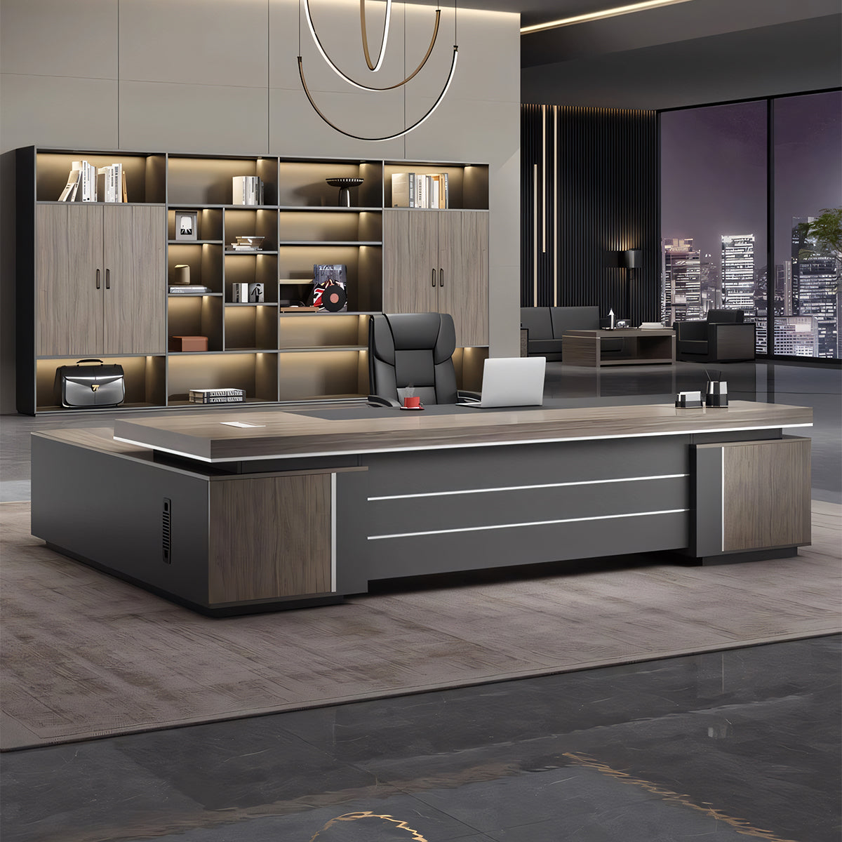 エグゼクティブデスク バイカラーデザイン メラミン化粧板 広々とした天板 収納力抜群 PC収納 オープン収納 引き出し ダイヤル錠付き カスタマイズ可能 LBZ-T114