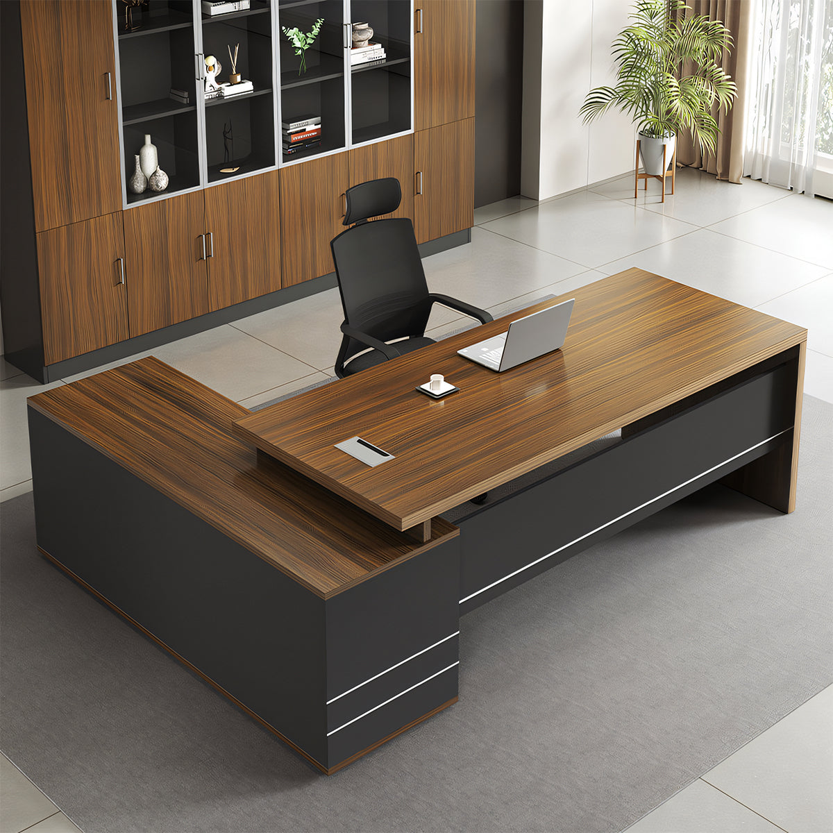 エグゼクティブデスク 木目調 メラミン化粧板 収納力抜群 扉付き収納オープン収納 PC収納 配線孔付き 幕板付き カスタマイズ可能 LBZ-T115