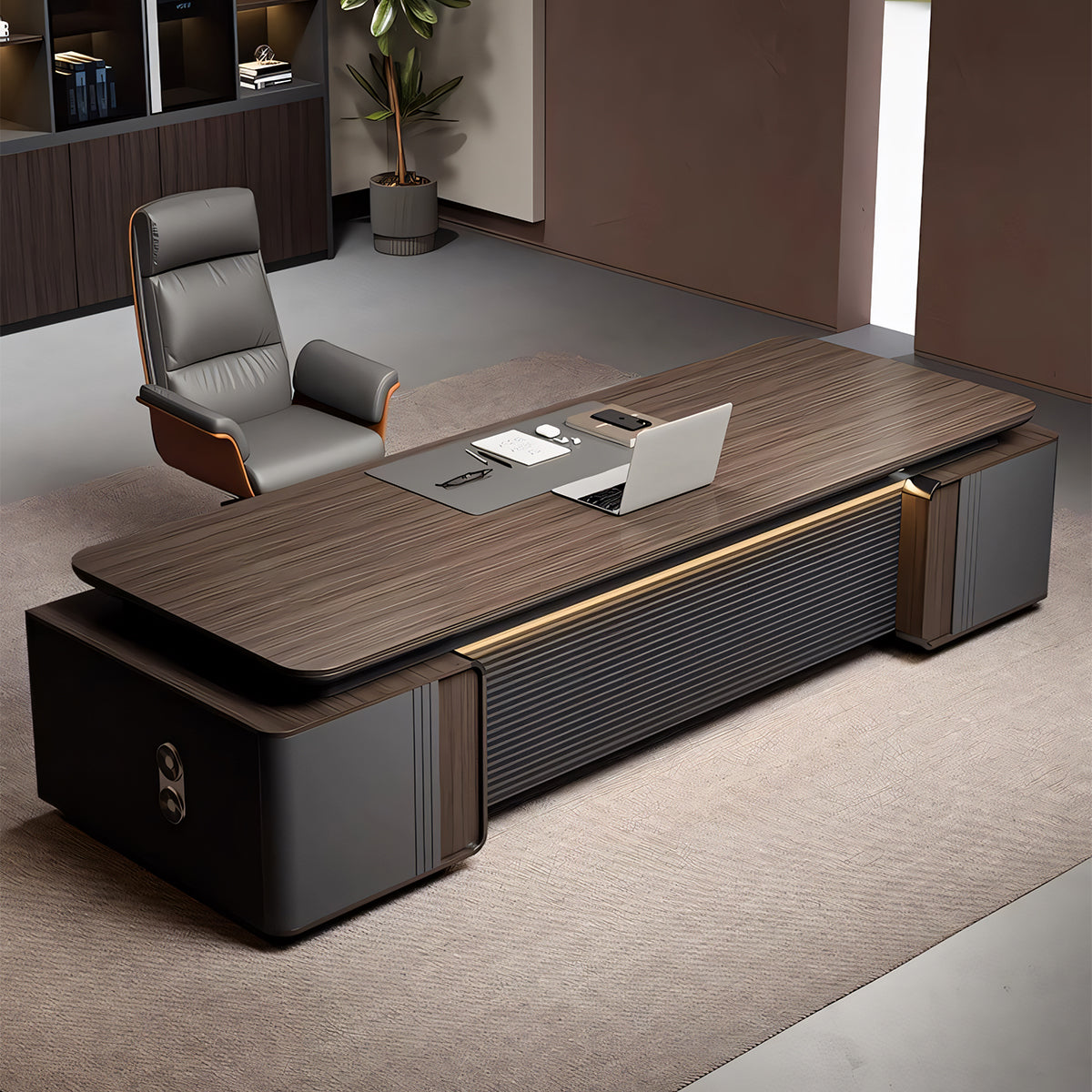 エグゼクティブデスク 高級感 広々とした天板 収納力抜群 引き出し オープン収納大容量 幕板付き LBZ-T117