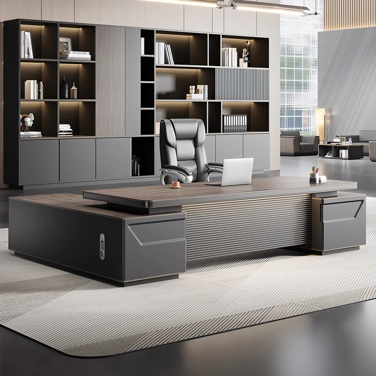 エグゼクティブデスク L字型 シンプル 収納力抜群 PC収納 オープン収納 引き出し ダイヤル錠 幕板付き 通気孔付き LBZ-T120