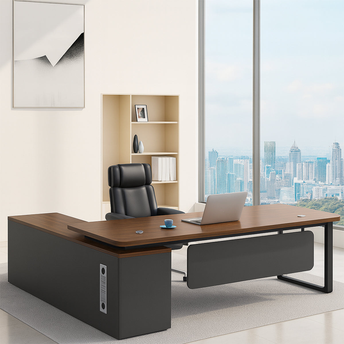 キャビネット L字型 エグゼクティブデスク 社長デスク オフィスデスク 会社用 PC収納 通気孔付き 機能性 木目調 LBZ-T121