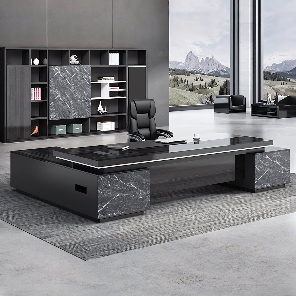 エグゼクティブデスク 重厚感 マーブル模様 メラミン化粧板 引き出し オープン収納 スライドレール  スチール製蝶番 カスタマイズ可能 LBZ-T122