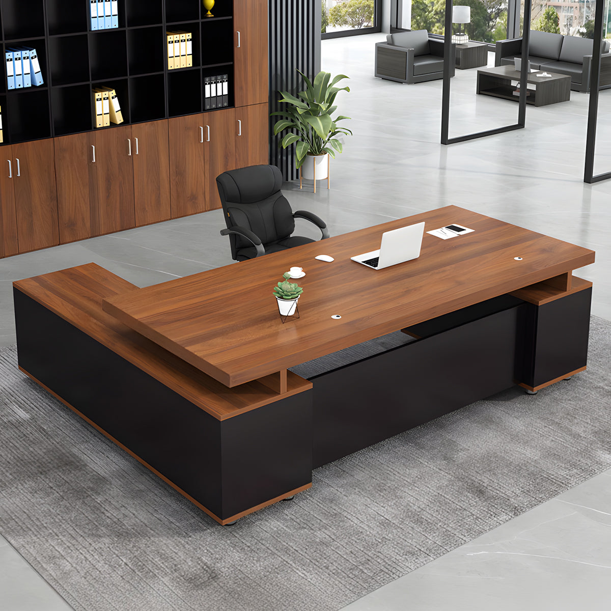 オープン収納 扉付き収納 L字型 エグゼクティブデスク 役員デスク 社長室 キャビネット 木目調 穏やか 上質 配線孔 LBZ-T123