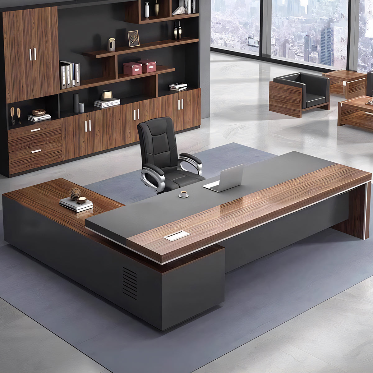 エグゼクティブデスク バイカラーデザイン メラミン化粧板 収納力抜群 PC収納 引き出し 幕板付き カスタマイズ可能 LBZ-T124