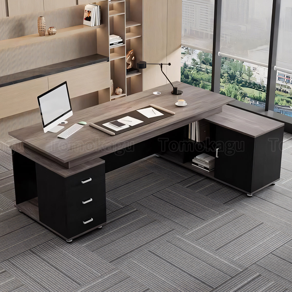エグゼクティブデスク バイカラーデザイン メラミン化粧板 エコ素材 広々とした天板 収納力抜群 引き出し 扉付き収納 幕板付き LBZ-T126