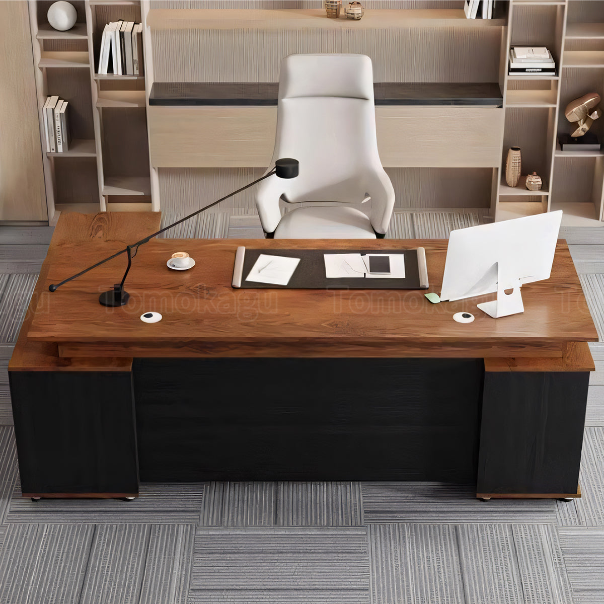 エグゼクティブデスク バイカラーデザイン メラミン化粧板 エコ素材 広々とした天板 収納力抜群 引き出し 扉付き収納 幕板付き LBZ-T126