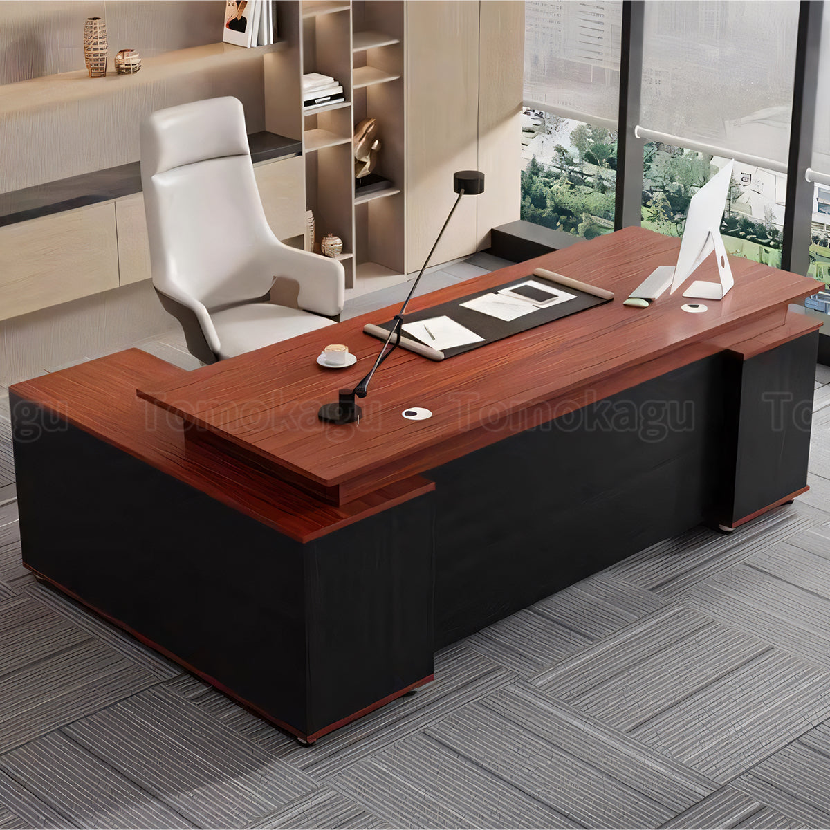 エグゼクティブデスク バイカラーデザイン メラミン化粧板 エコ素材 広々とした天板 収納力抜群 引き出し 扉付き収納 幕板付き LBZ-T126