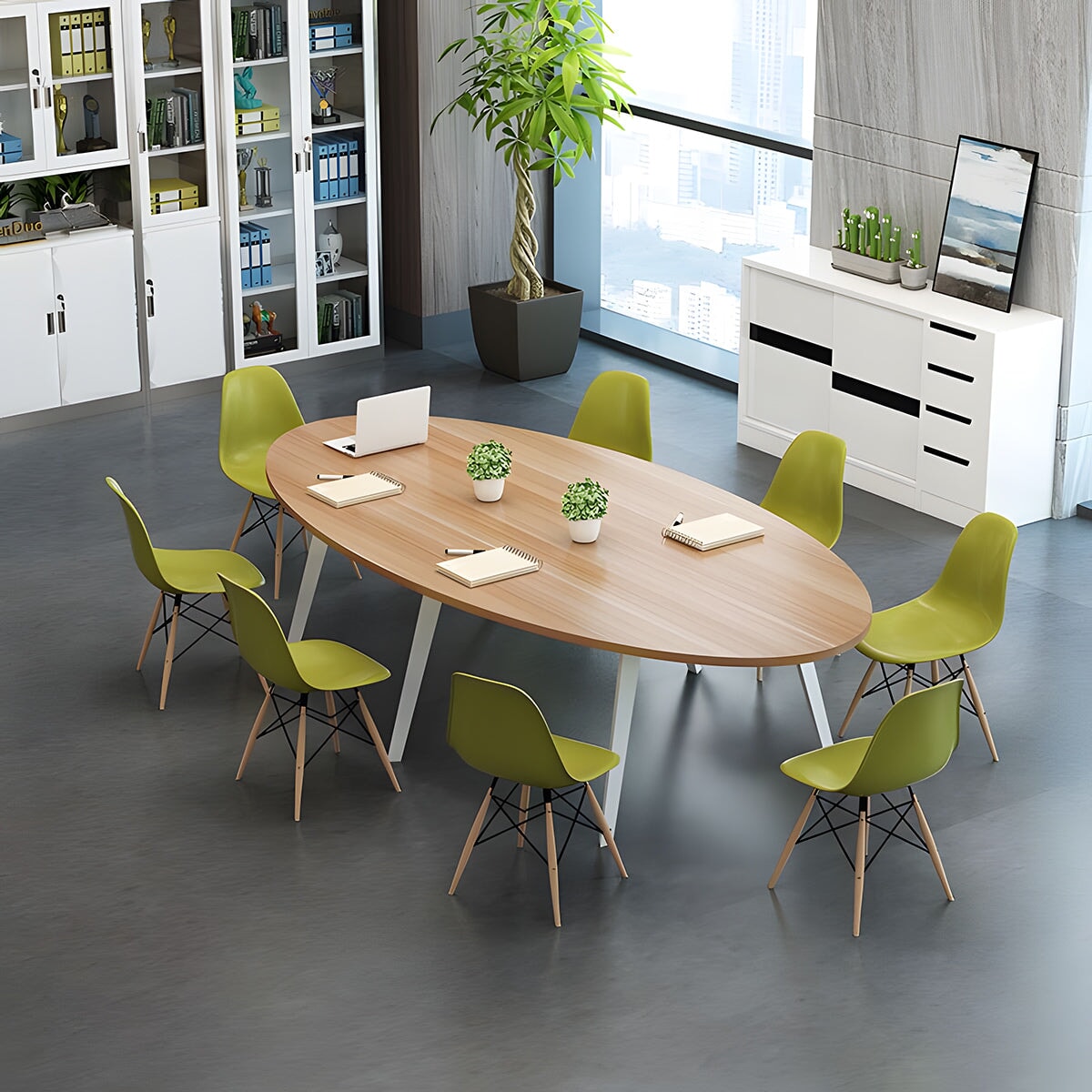 会議テーブル ミーティングテーブル 会議机 ワークデスク オフィスデスク 配線ボックス 台形フレーム シンプル ホワイト カスタマイズ可能 HYZ-K024 - kaguyasu