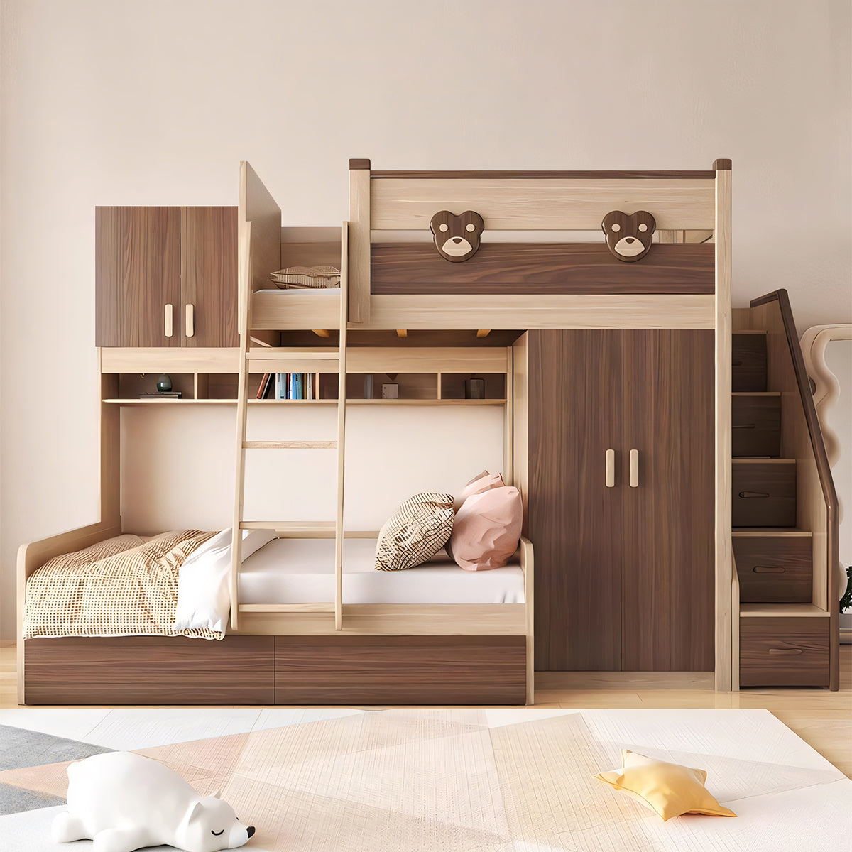二段ベッド ハシゴ 階段 引き出し キャビネット ワードローブ 機能性 シンプル 天然木 手すり付き SCC-T009