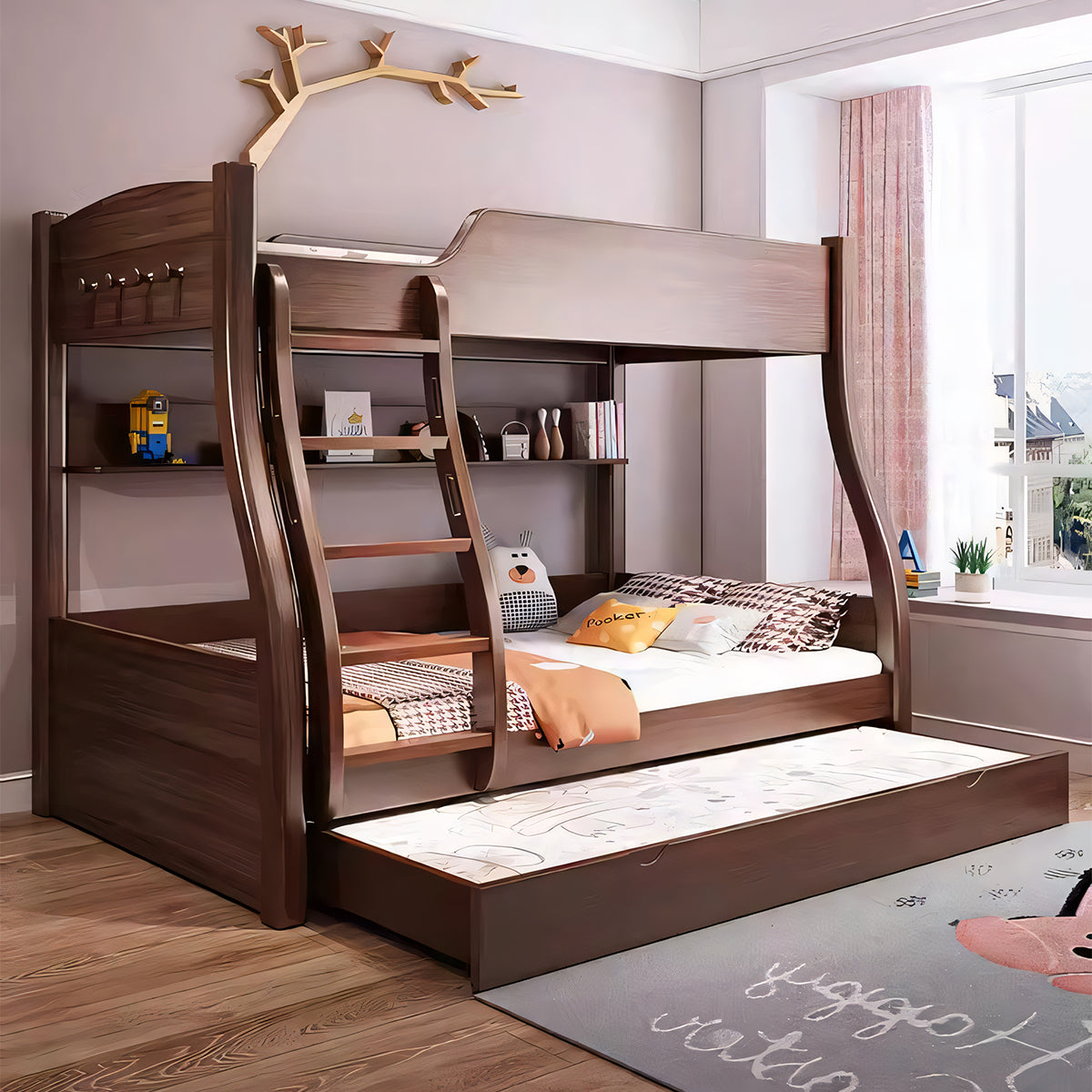 ガード パームマットレス スライドベッド付き 引き出し 二段ベッド  おしゃれ はしご 天然木 SCC-T016