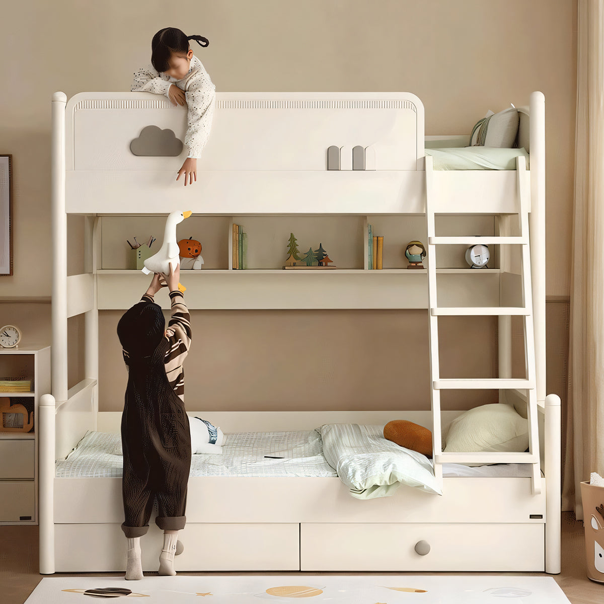 二段ベッド ベッドガード ハシゴ ホワイト R加工 安心感 おしゃれ 手すり付き 引き出し 大容量収納 SCC-T024