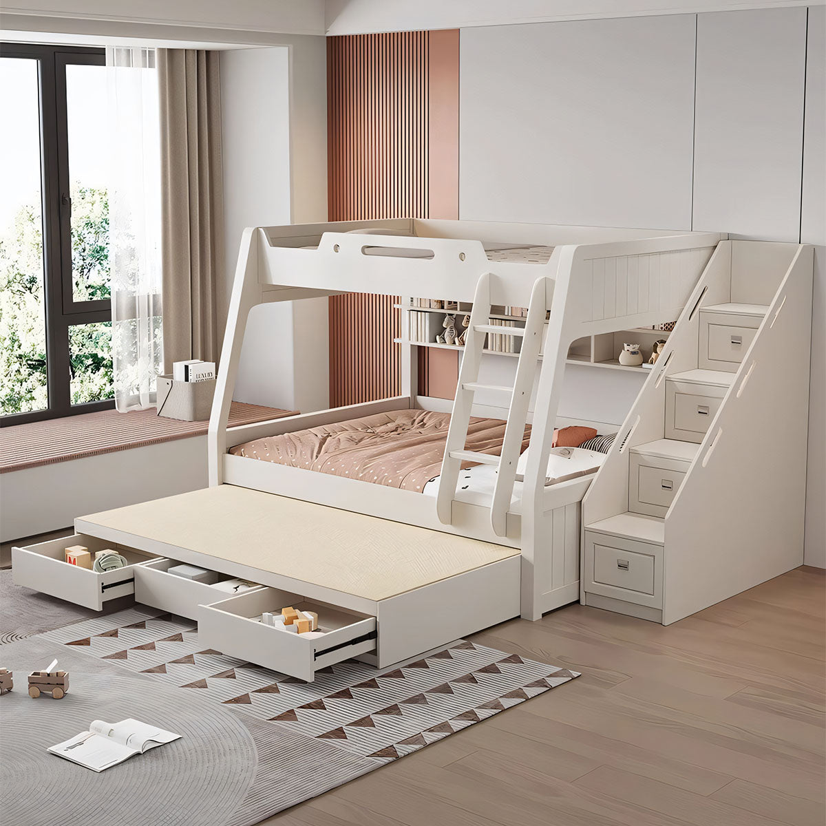 二段ベッド ラバーウッド 水性塗料 落下防止ガード スライドベッド付き 階段 はしご 引き出し SCC-T026
