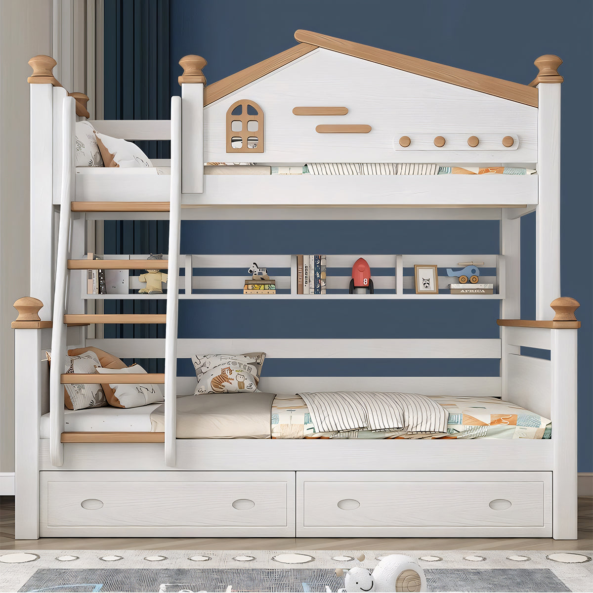 チェリー材 水性塗料 二段ベッド 分割可能デザイン ガード 引き出し はしご 階段 モダン SCC-T037