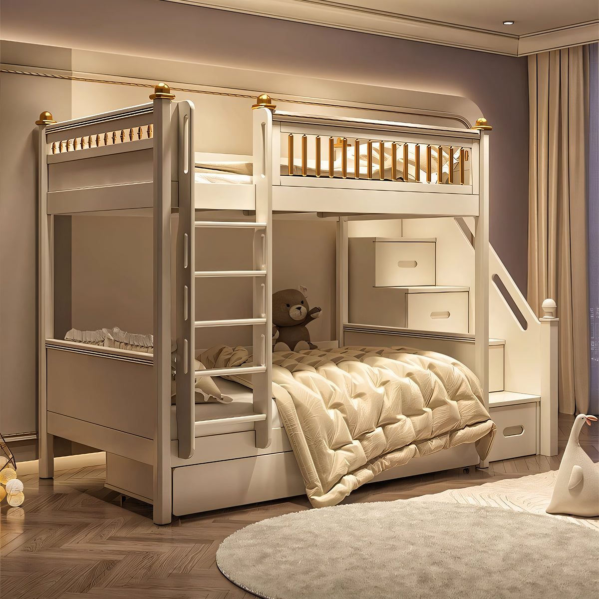 モダン オシャレ シック 二段ベッド 階段 はしご 収納 大容量 面取り加工 パーム ラバーウッド 天然木 カスタマイズ可能 SCC-T042