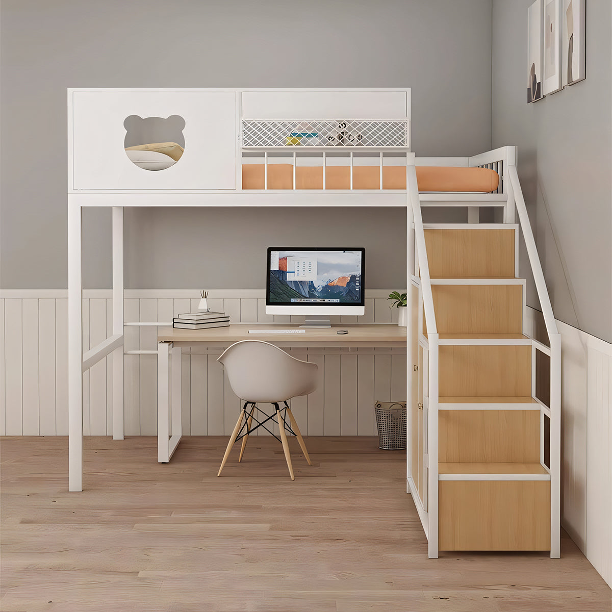 二段ベッド ベッドガード ベッド デスク 収納 階段 使い勝手 シンプル 安定性 スチールフレーム オープン収納 ワードローブ カスタマイズ可能 SCC-T049
