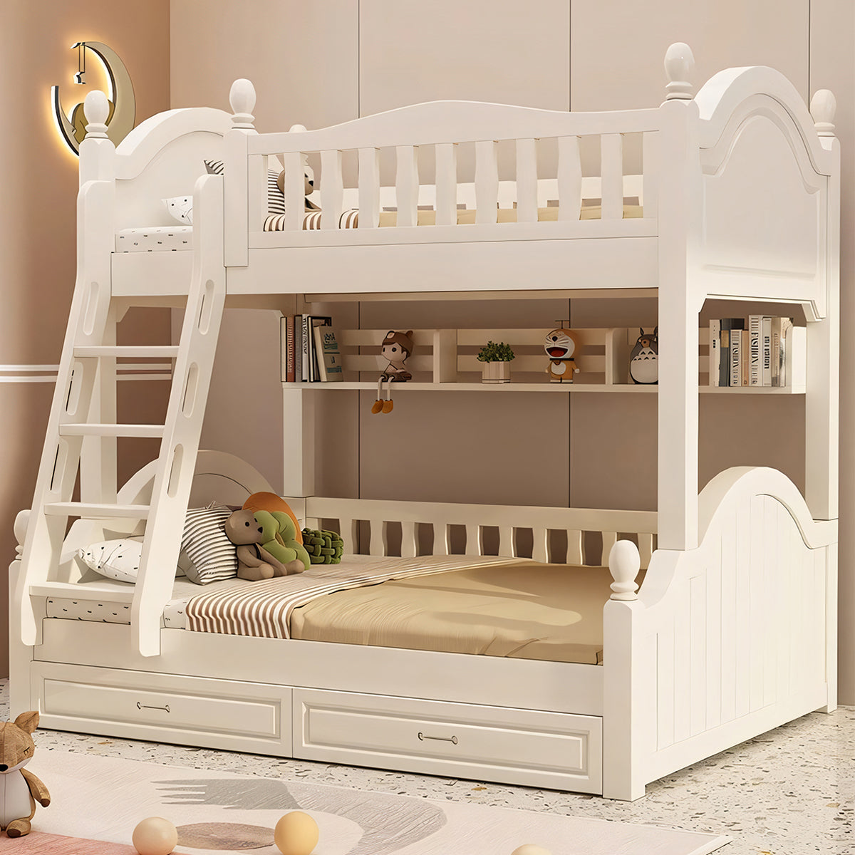 二段ベッド 二人用 天然木 階段 収納 すのこ R加工 おしゃれ ホワイト ハシゴ 手すり付き SCC-T050