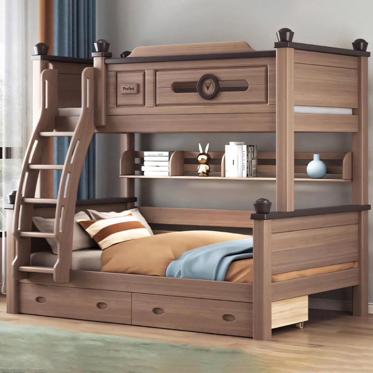 二段ベッド モダン 落下防止ガード 分割可能デザイン 収納力抜群 引き出し ユリノキ材 階段 カスタマイズ可能 SCC-T052