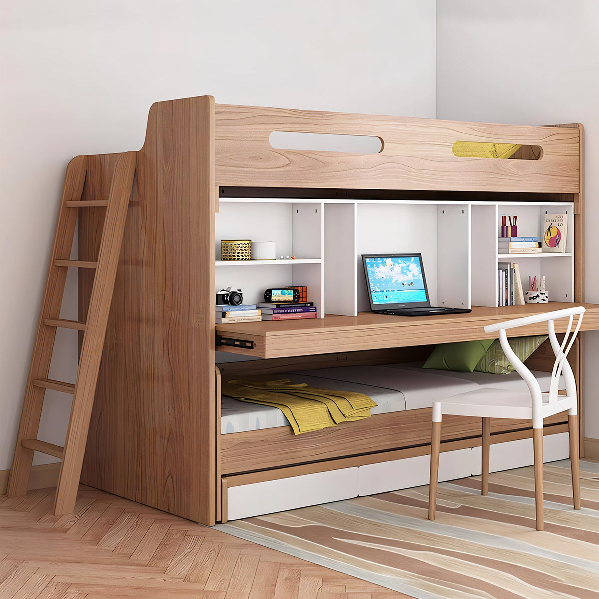 二段ベッド ベッドガード ワードローブ オープン収納 階段 ベット下収納 木目調 機能性 メラミン化粧板 エコ素材 SCC-T054