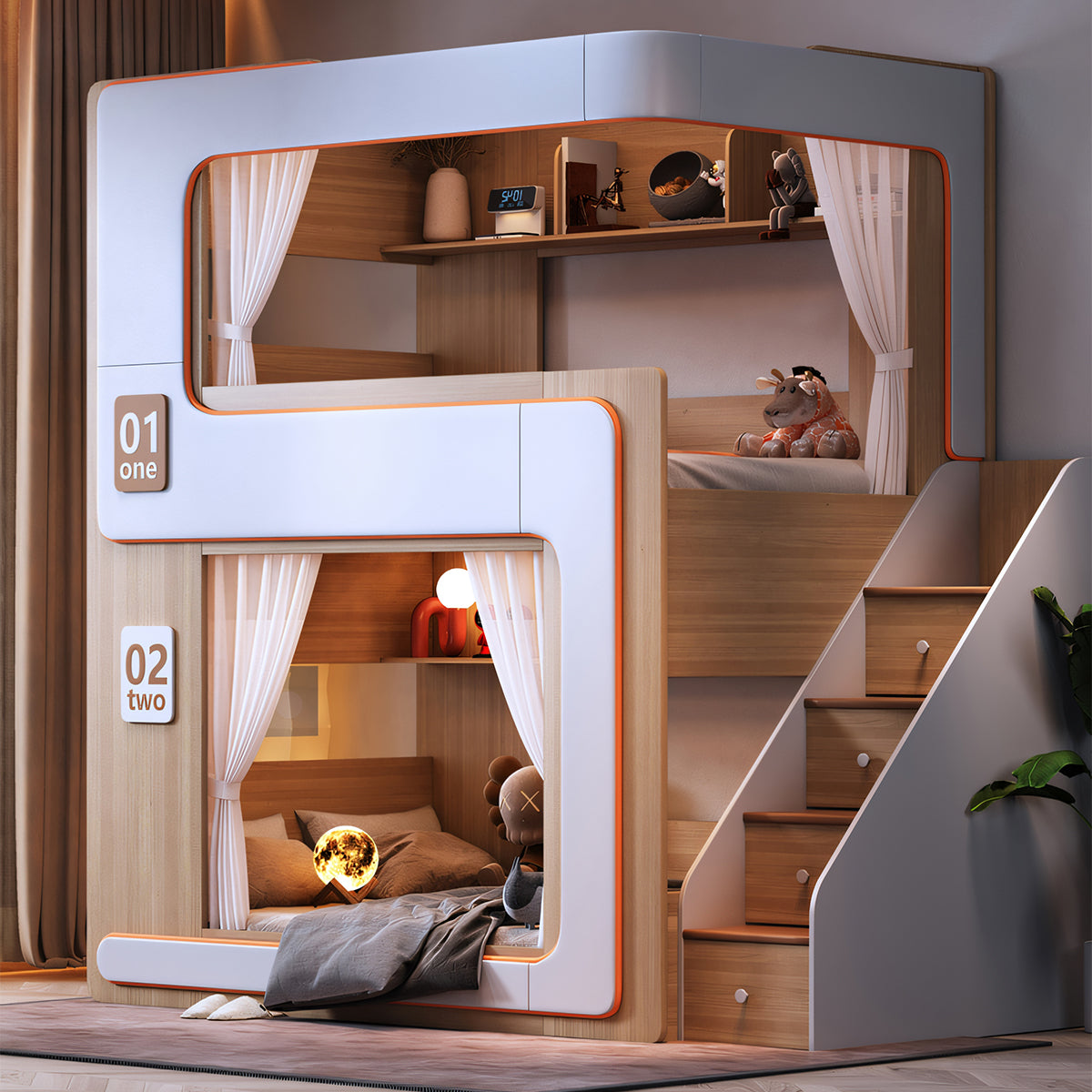 二段ベッド ベット おしゃれ LEDライト付き可能 エコ素材 ハシゴ 階段 引き出し R加工 SCC-T055