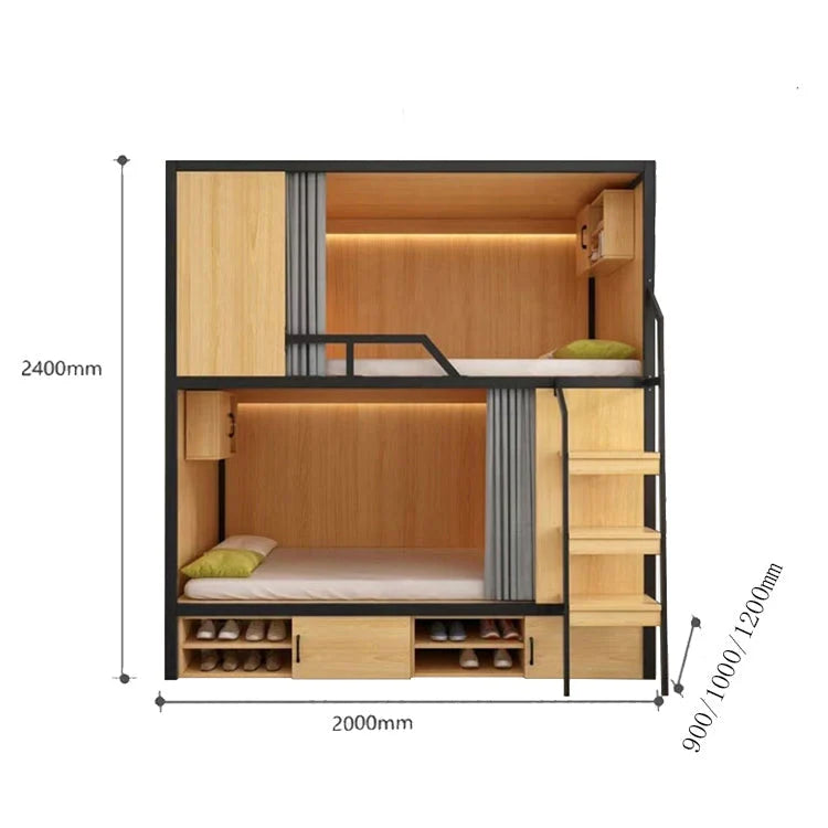 モダン オシャレ 二段ベッド ベニヤ合板 ベッド 大容量 収納棚 カーテン コットンリネン スチール カスタマイズ可能 SCC-T041