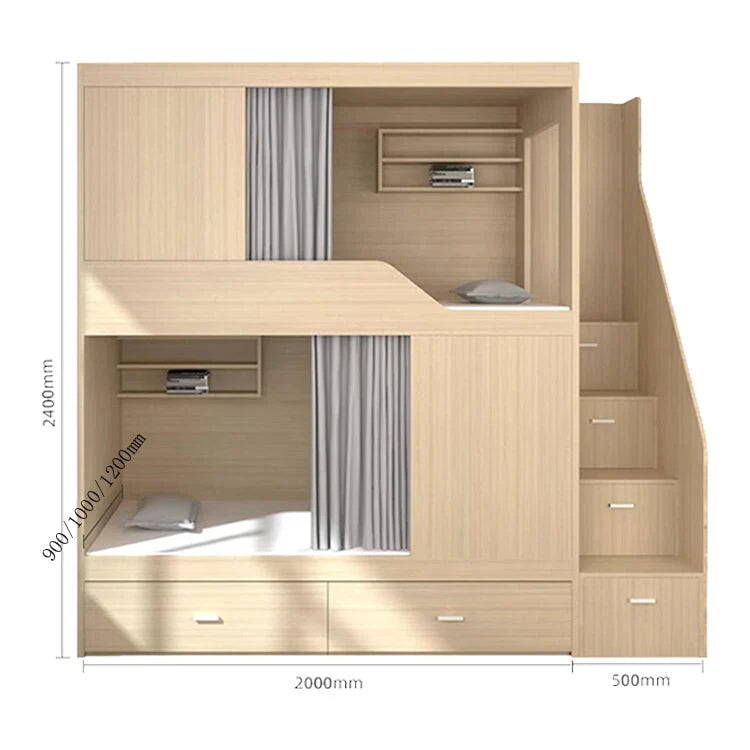 モダン オシャレ 二段ベッド ベニヤ合板 ベッド 大容量 収納棚 カーテン コットンリネン スチール カスタマイズ可能 SCC-T041