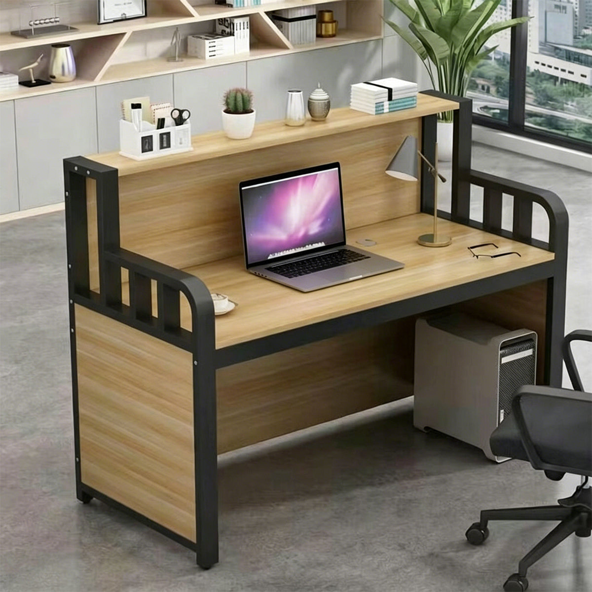 オフィスデスク パソコンデスク 事務机 作業机 ワークデスク 収納付きデスク スチールフレーム 二段式収納ラック 安全棚付き エコ素材 おしゃれ シンプル 高品質 ナチュラル カスタマイズ可能 BGZ-T196