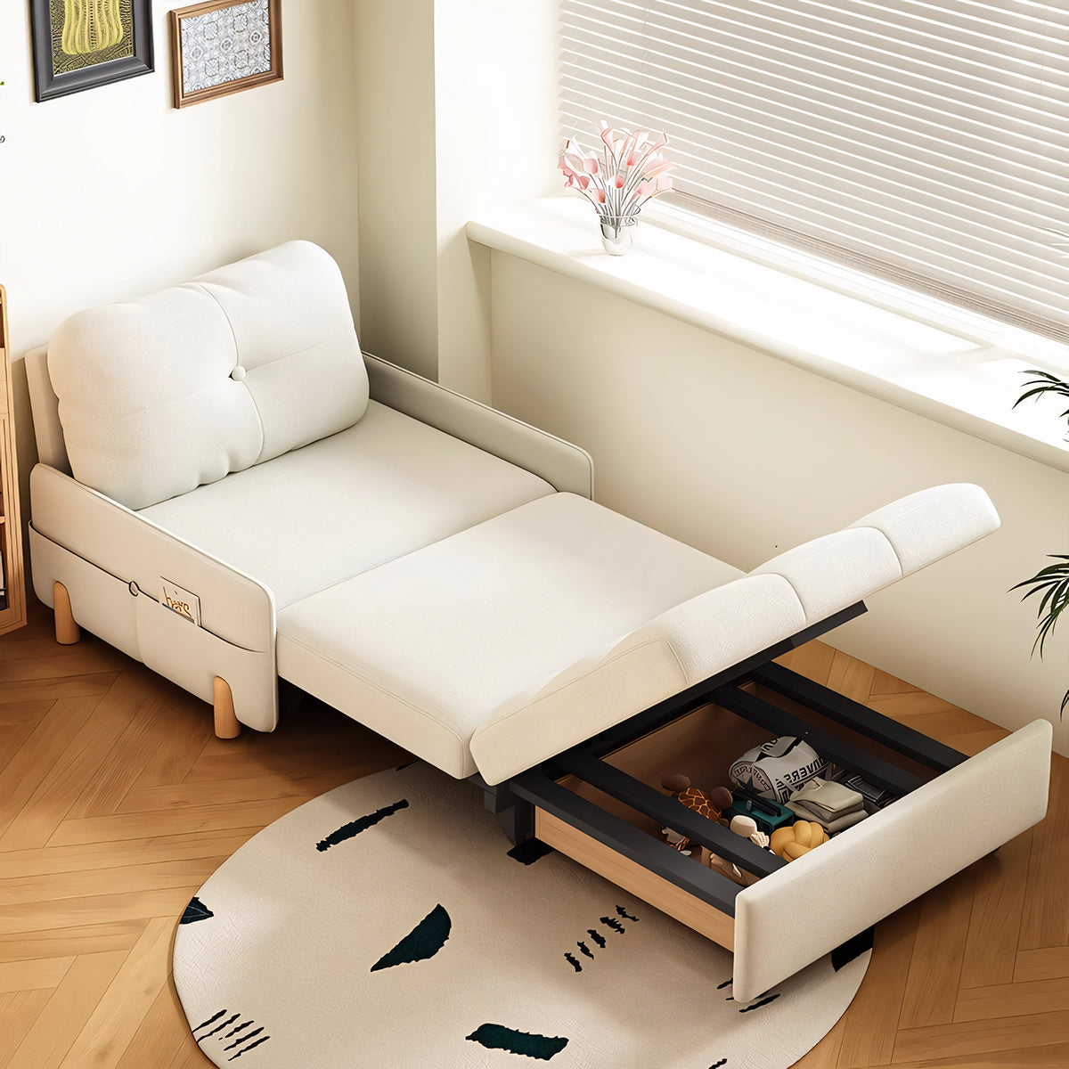 ソファベッド ソファー シンプル フランネル生地 クッション 高密度ウレタンフォーム ラテックス 収納スペース 大容量 天然木 オーク材 SNSF-T130