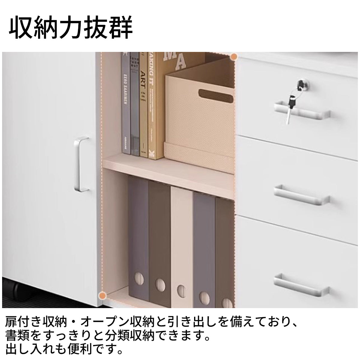 キャビネット 移動可能 収納力抜群 扉付き収納 オープン収納 引き出し キャスター付き シリンダー錠付き 取っ手 YDG-T020