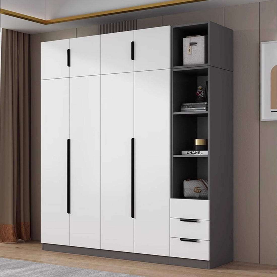 観音開き 大容量 木製 引き出し 蹴込み板 クローゼット 洋服収納 衣類収納 ワードローブ 幅60CM 幅160CM  オシャレ ホワイト YG-T003 tomokagu