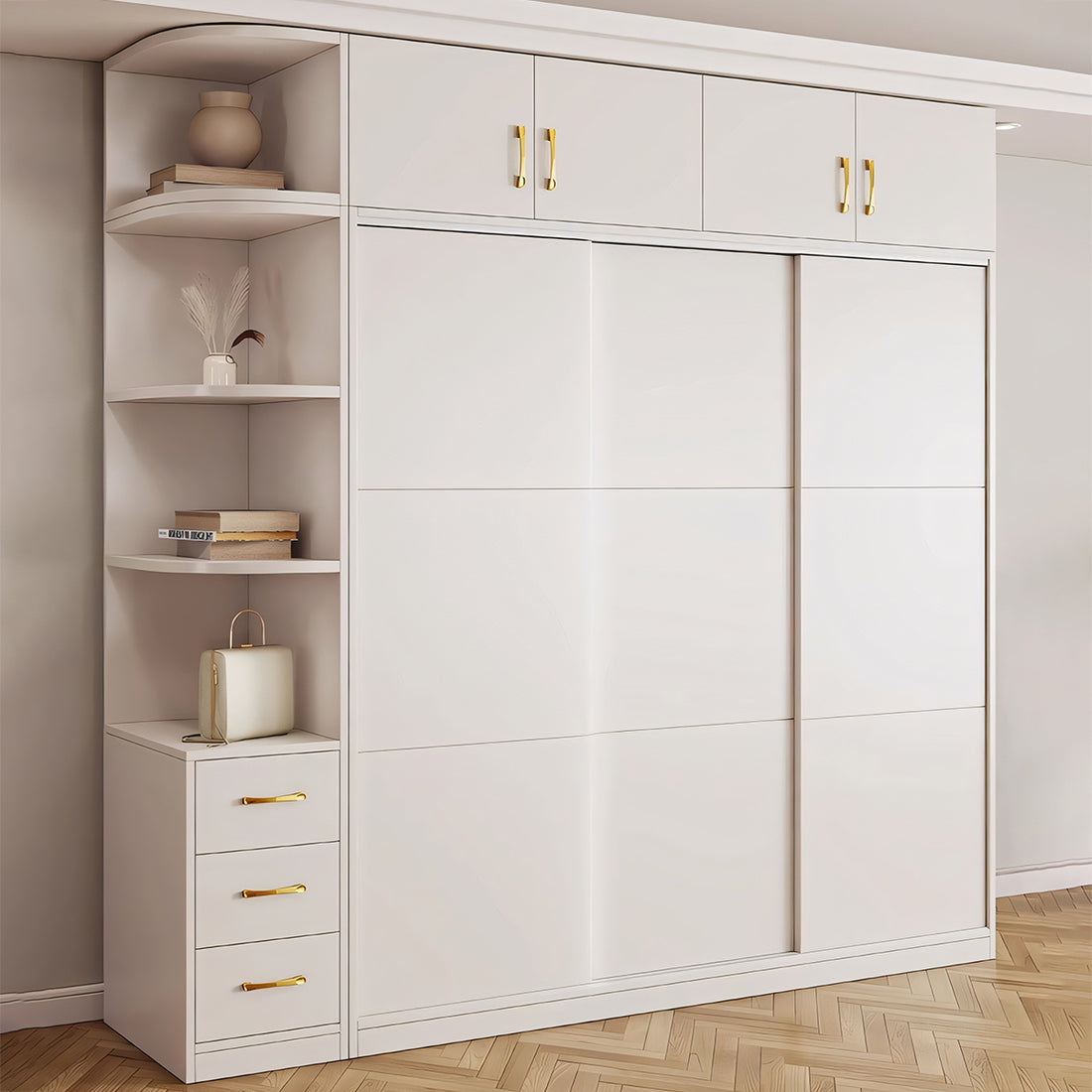 クローゼット モダン シンプル ホワイト 収納力抜群 扉付き収納 オープン収納 引き出し 分類収納 スライド扉 メラミン化粧板 ハンガーパイプ YG-T079