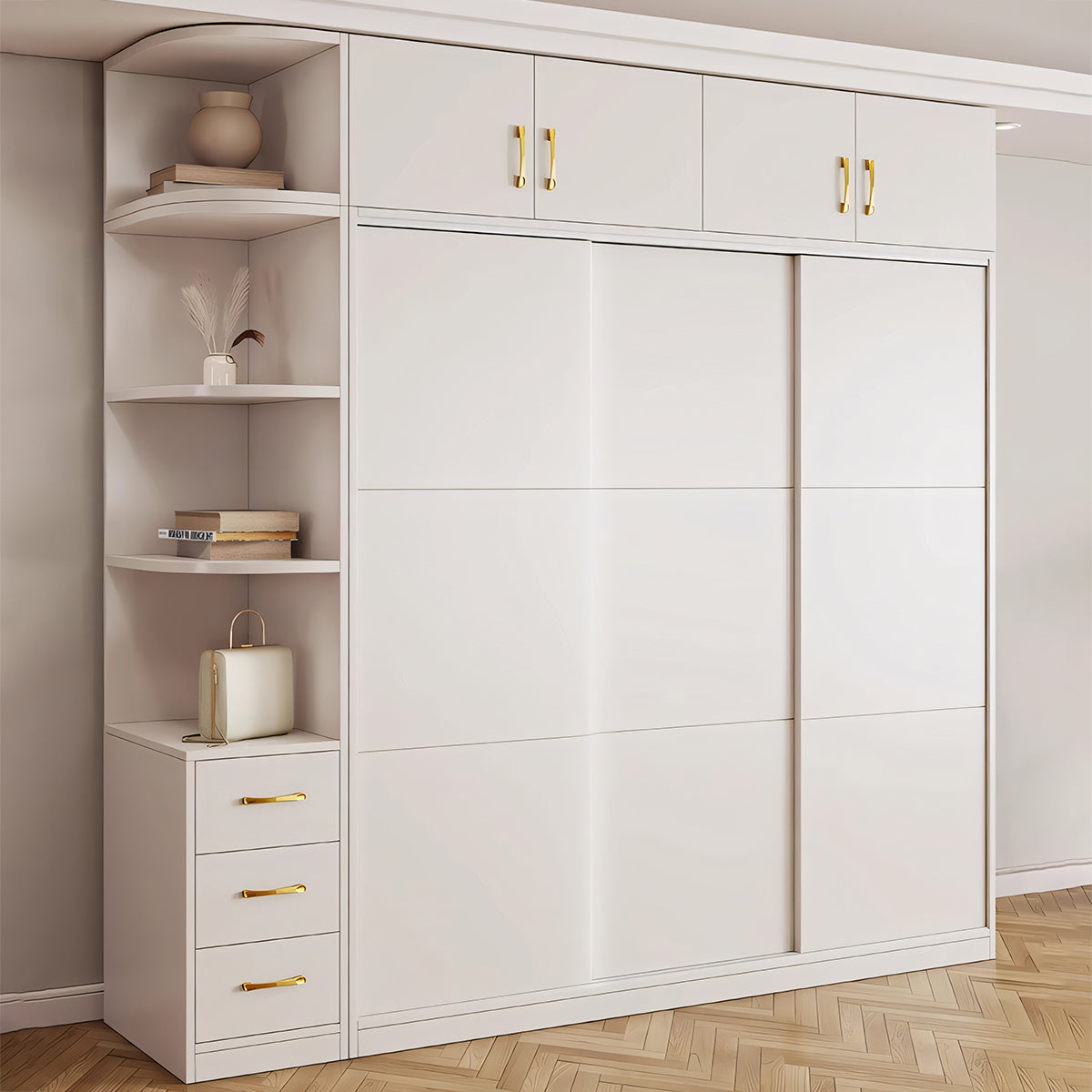 クローゼット モダン シンプル ホワイト 収納力抜群 扉付き収納 オープン収納 引き出し 分類収納 スライド扉 メラミン化粧板 ハンガーパイプ YG-T079