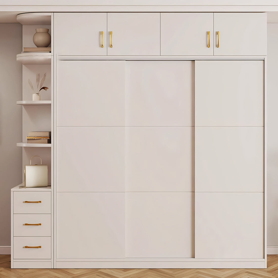 クローゼット モダン シンプル ホワイト 収納力抜群 扉付き収納 オープン収納 引き出し 分類収納 スライド扉 メラミン化粧板 ハンガーパイプ YG-T079