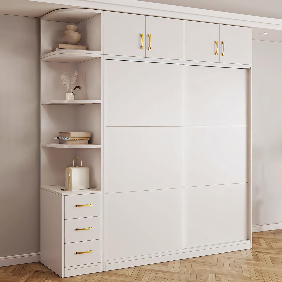 クローゼット モダン シンプル ホワイト 収納力抜群 扉付き収納 オープン収納 引き出し 分類収納 スライド扉 メラミン化粧板 ハンガーパイプ YG-T079