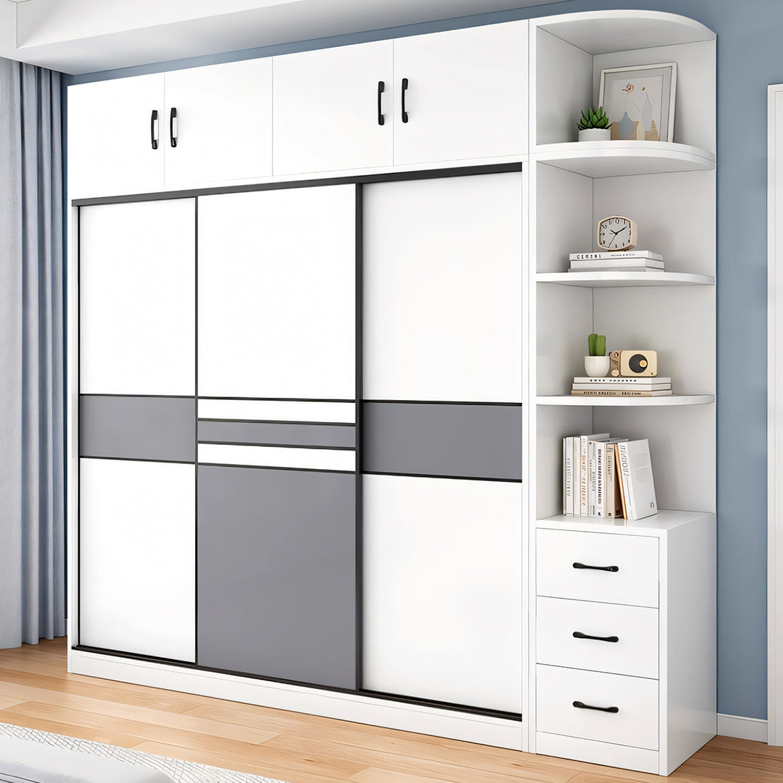 クローゼット モダン メラミン化粧板 エコ素材 スライド扉 サイドキャビネット オープン収納 引き出し 扉付き収納 ハンガーパイプ YG-T080